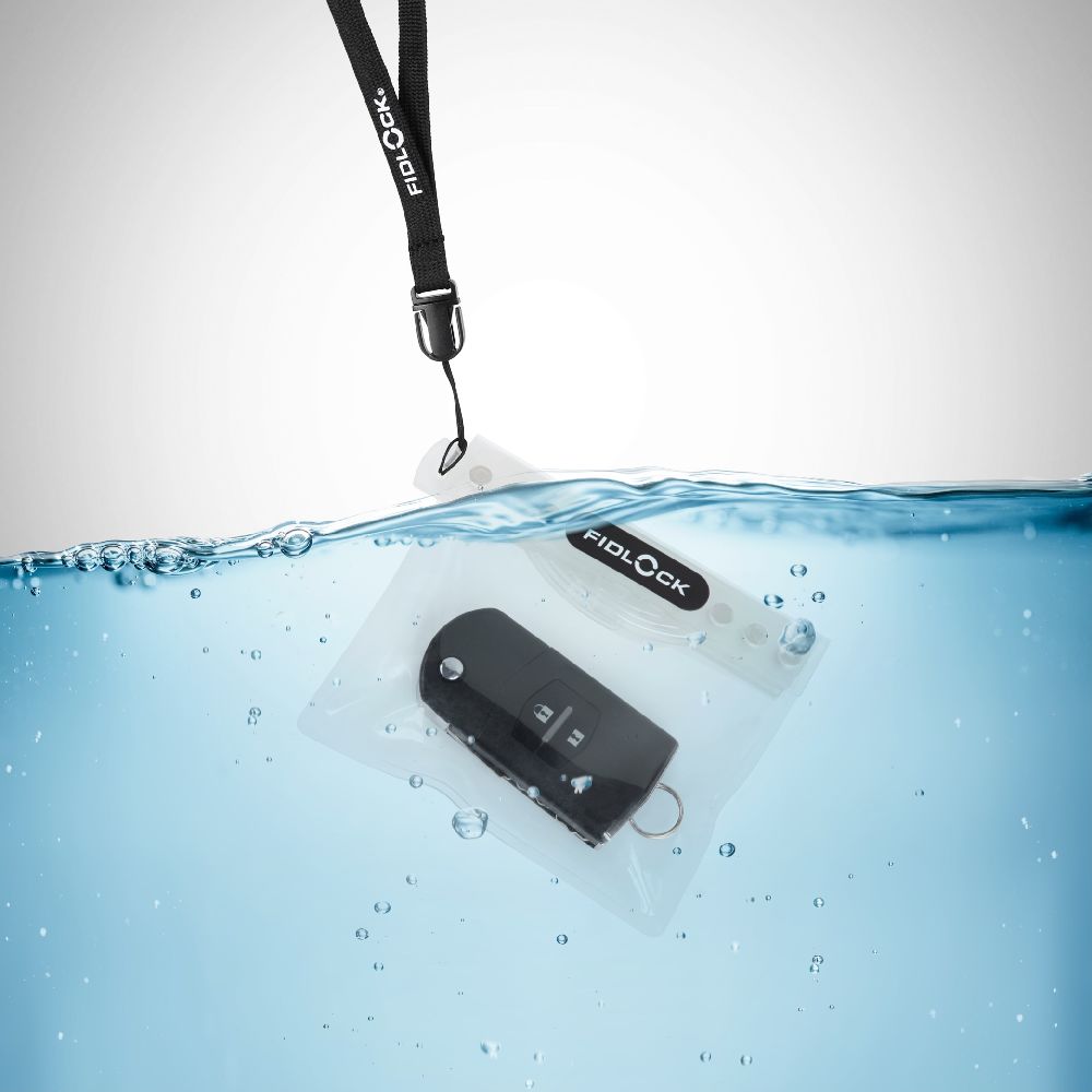 Fidlock Waterproof Car Key Dry Case Mini in water with electronics inside