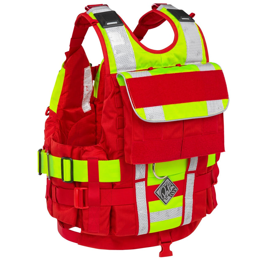 Palm Rescue Hybrid PFD in Red fitted with the Palm Rescue Rear Storage Pocket on the back