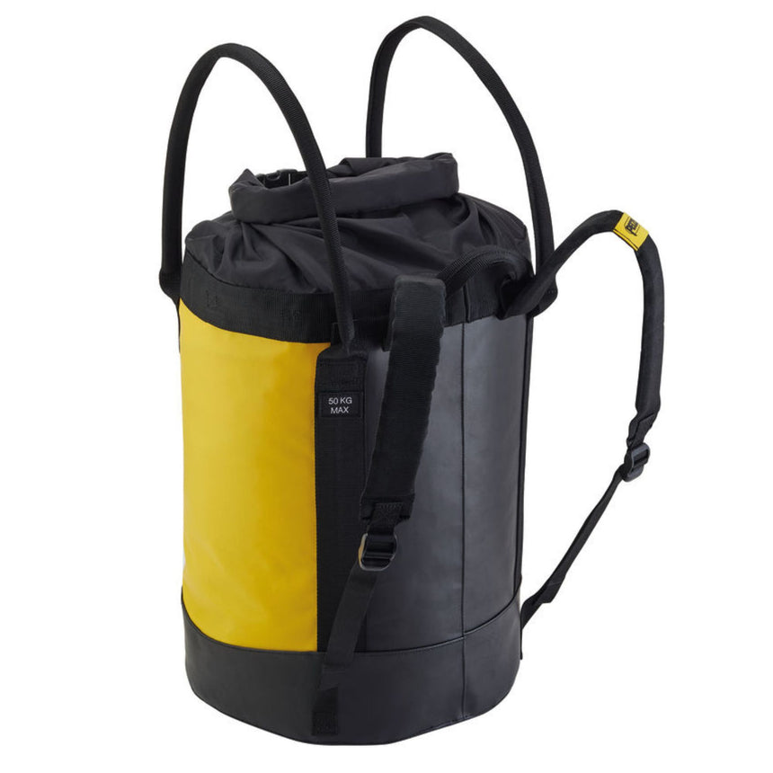 Back of the Yellow Petzl Bucket 45 Litre rope bag showing padded shoulder pads