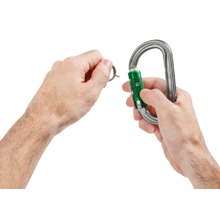 Petzl Am’D PIN-LOCK Asymmetrical aluminum carabiner unlocking ring can be kept on a carabiner on the harness.