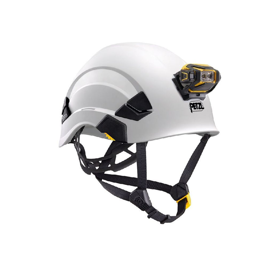 White helmet with black straps and a Petzl Pixa R on a white background