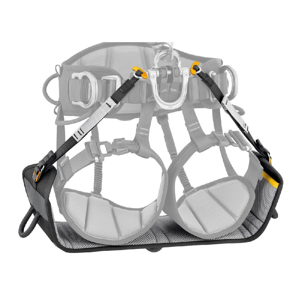 Petzl Podium Work Seat can be connected to the harness with T-BARs, which can be attached directly to the shackles, or with connectors or accessory carabiners such as the MINO.