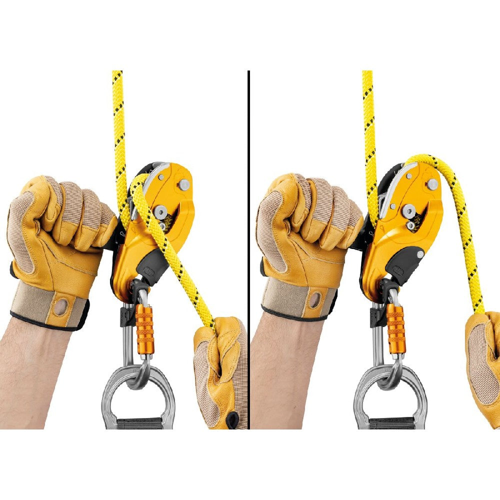 The handle provides comfortable descent control. Two descent modes are possible: with the rope running over the side plate or in the V-shaped friction channel.