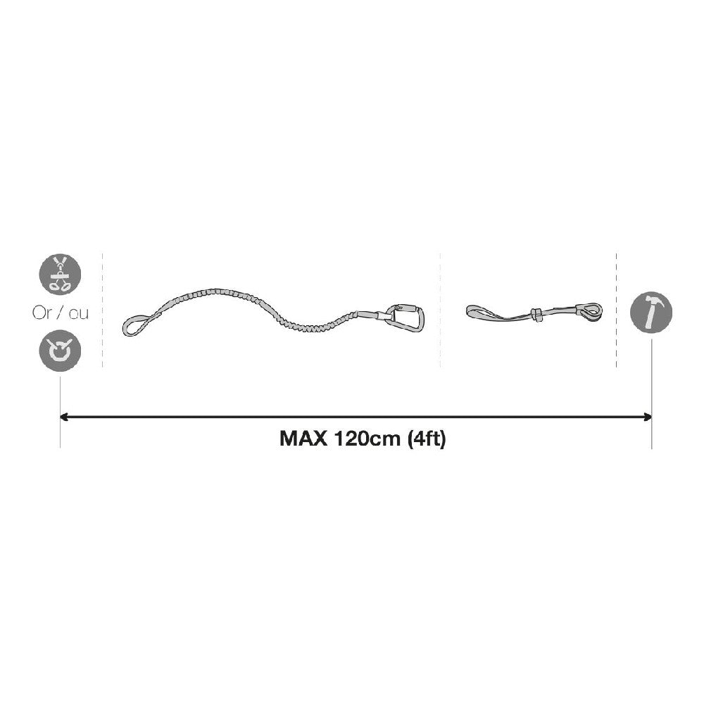 Petzl Tooleash when elements are combined, it can stretch to maximum of 120 cm, holding a 5 kg load.