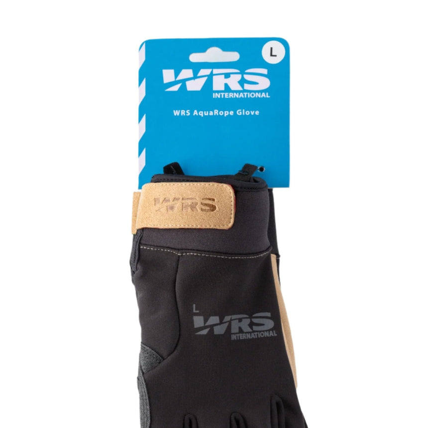 WRS Aquarope Gloves attached to packaging with blue logo card and euro hook, reflective logo and size seen on the front of the gloves, size L and logo on packaging