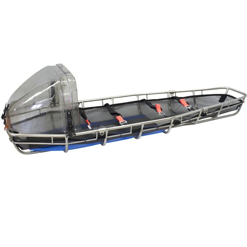 Full view of the Cascade Rescue Guardian Litter Shield attached to the Cascade Rescue professional series rescue litter - tapered