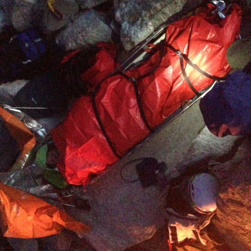 Top view of the rectangular Cascade Rescue professional series litter in action