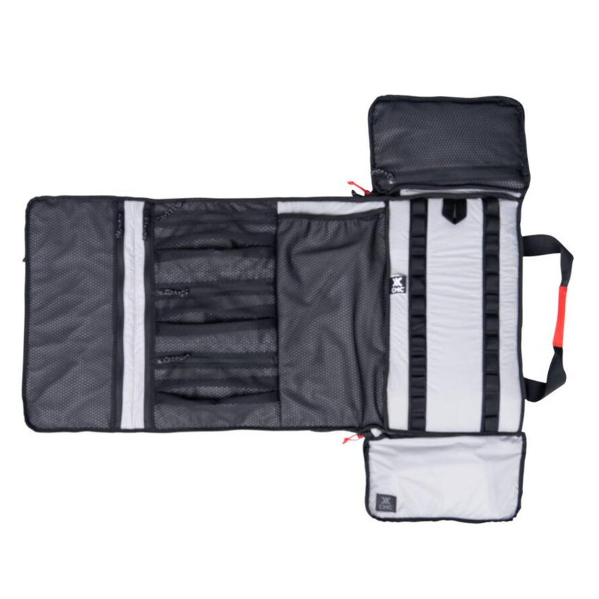 CMC Lotus Tech 37 litre Back Pack fully unzipped and open showing inside with mesh pockets and loops for organised storage of technical gear