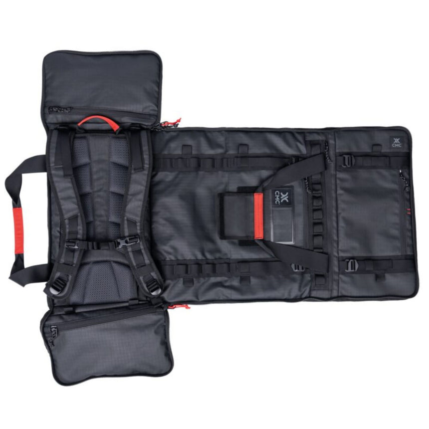 CMC Lotus Tech Back Pack fully unzipped and open showing outside with handles straps, zips, pockets and loops