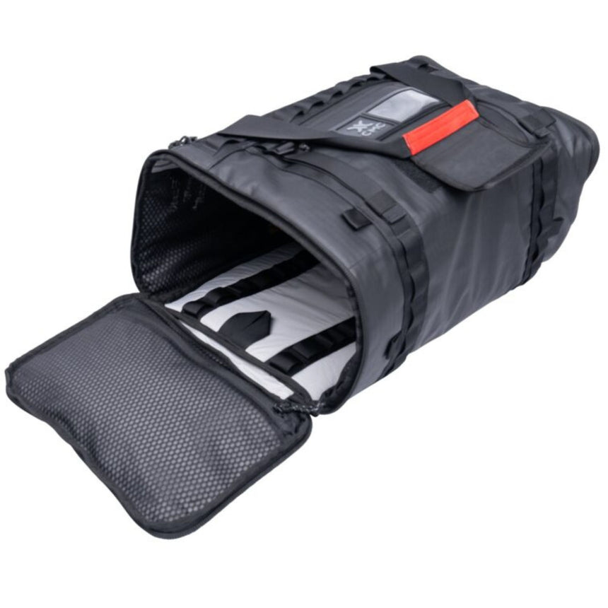 CMC Lotus Tech Back Pack side opening showing outside with handles straps, zips, pockets and loops