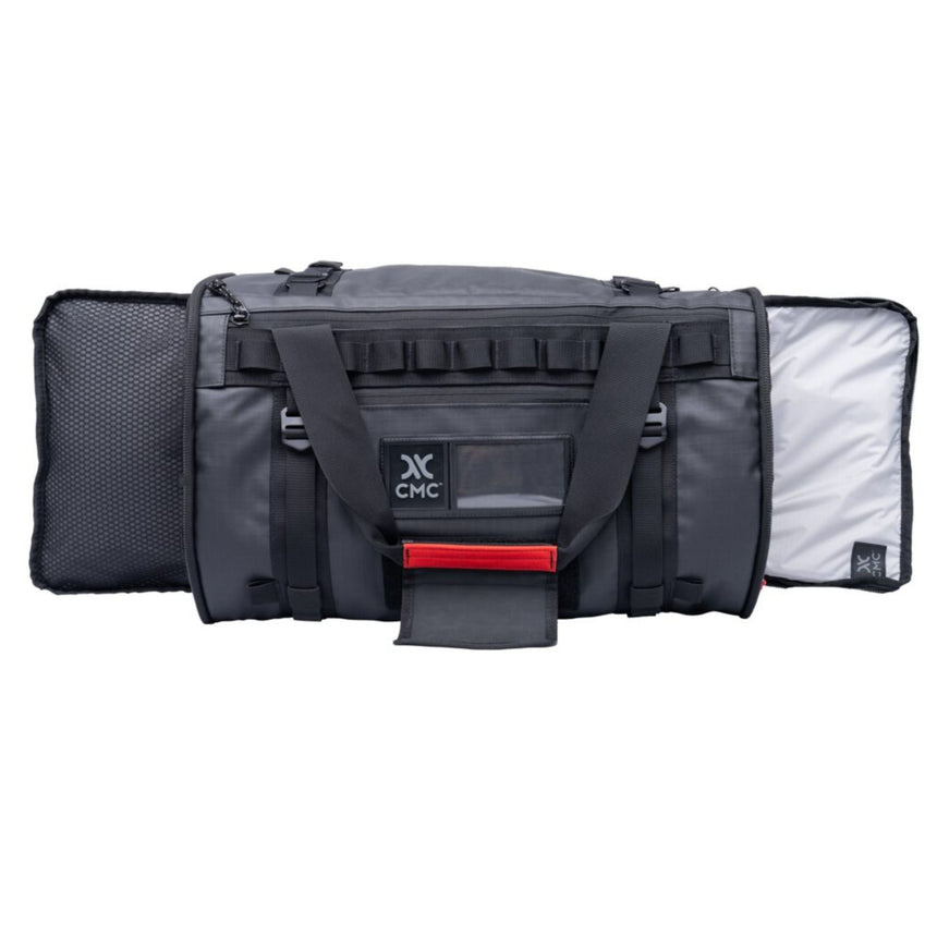 CMC Lotus Tech Back Pack unzipped and open at both sides showing outside with handles straps, zips, pockets and loops