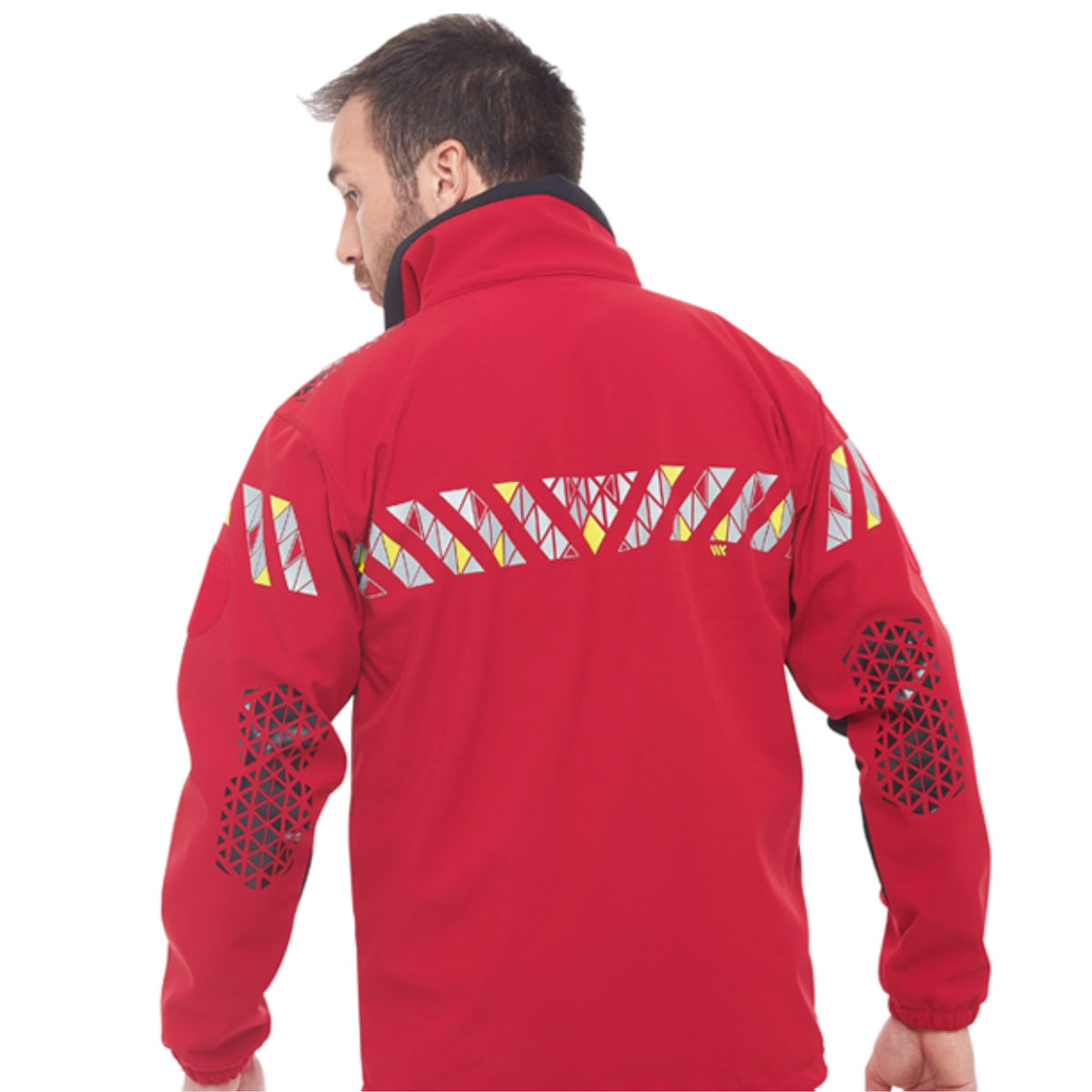 Male model wearing Courant Ark Softshell Jacket in Red show the back of the jacket