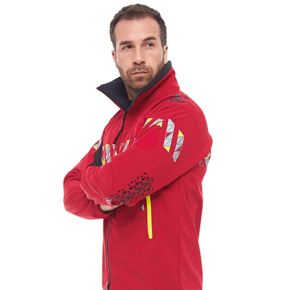 Male model wearing Courant Ark Softshell Jacket in Red showing side profile