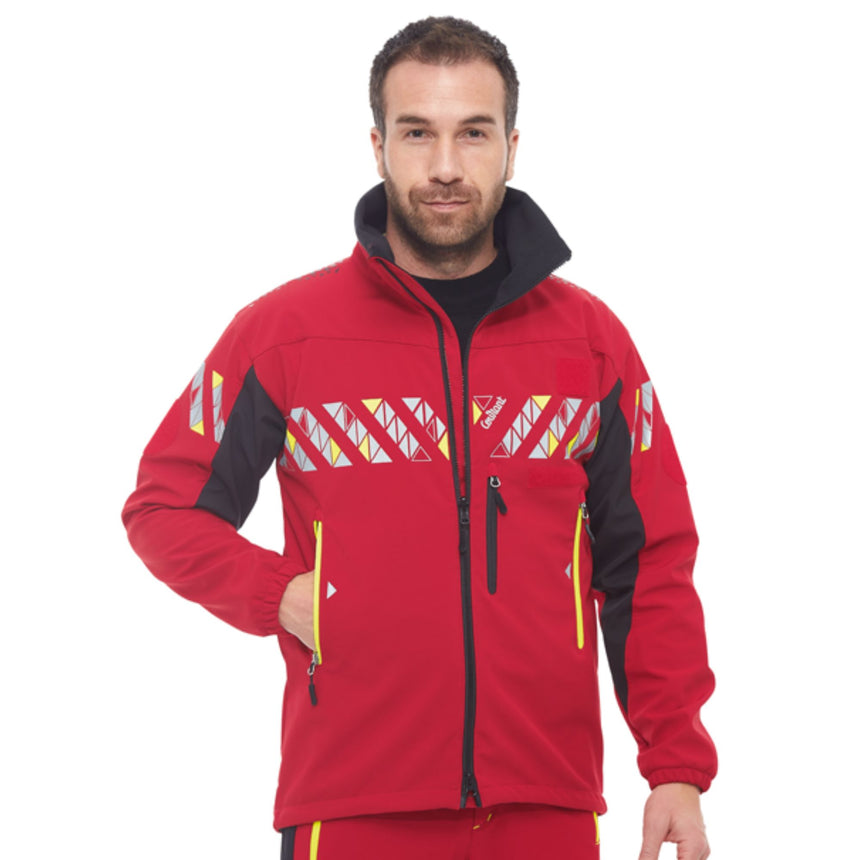 Male model wearing Courant Ark Softshell Jacket in Red