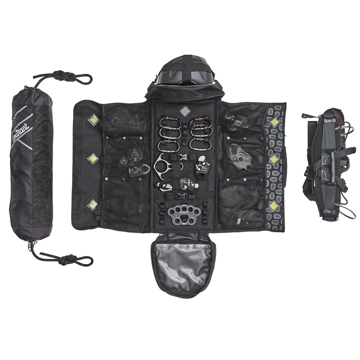 Courant Cross Pro Rope Bag in tactical army black filled with climbing equipment, tools and ropes