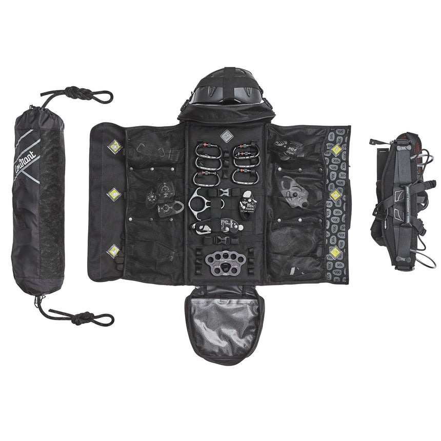 Courant Cross Pro Rope Bag in tactical army black filled with climbing equipment, tools and ropes