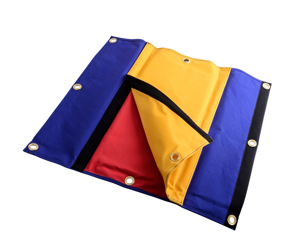 Close-up of the DMM ProPad+ showing its colourful design with thick natural fibre matting and replaceable wear pad for robust rope protection