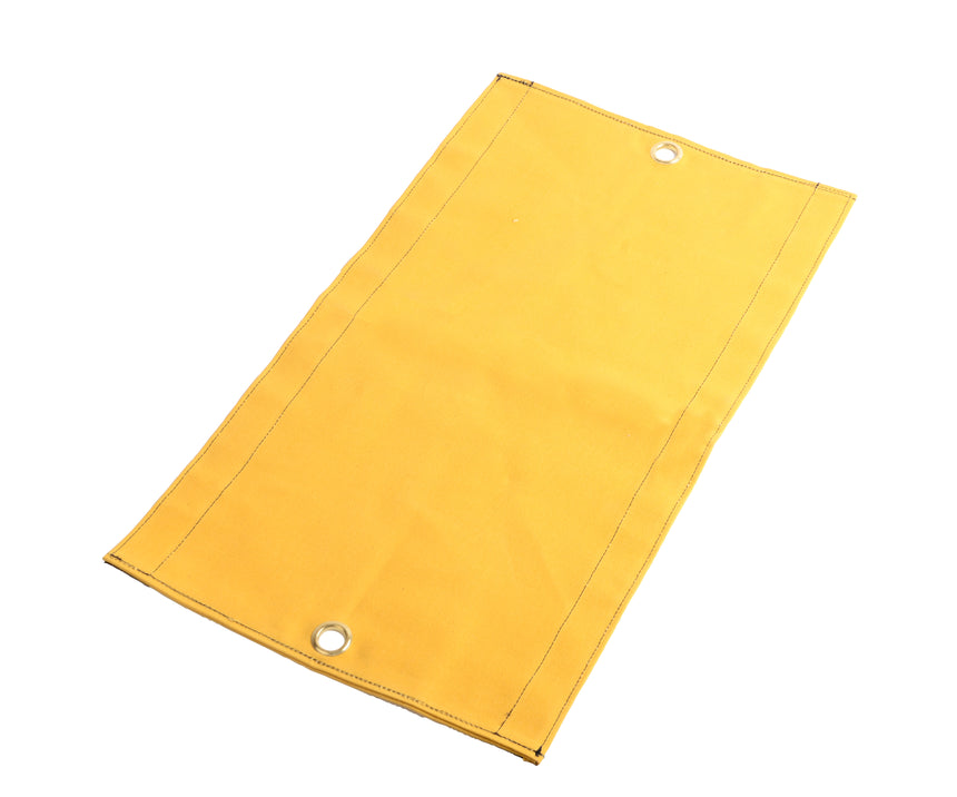 Yellow section of the DMM ProPad+ rope protector - the wearsheet, highlighting its thick, durable material with reinforced edges and grommets for secure attachment