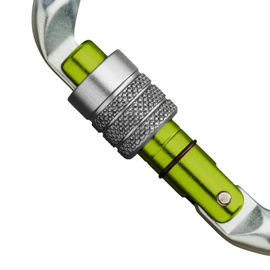 Close up of Edelrid D Classic 3000 Screwgate Carabiner in Sliver and Neon Green
