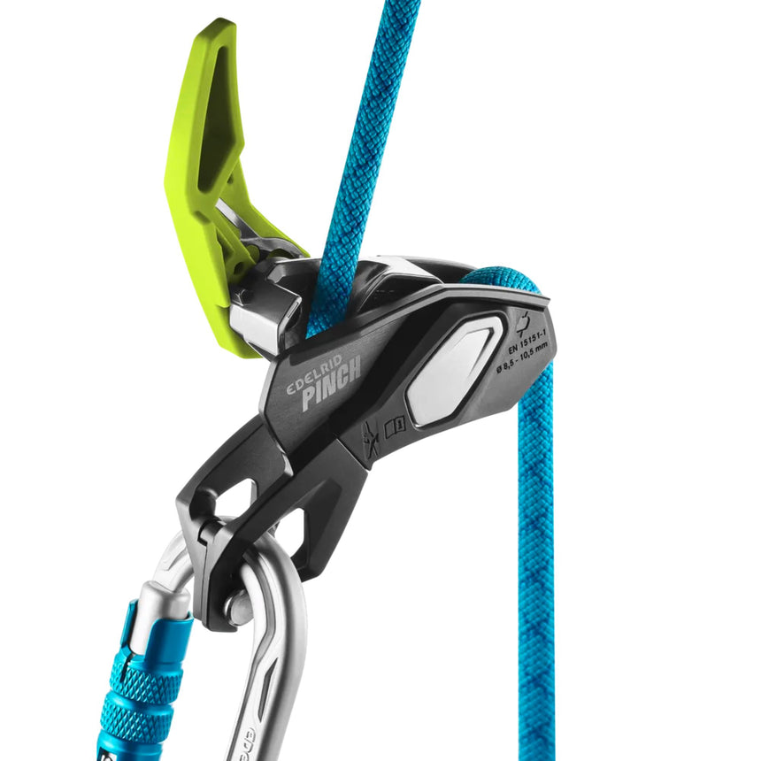Edelrid Pinch Belay Device with rope and carabiner