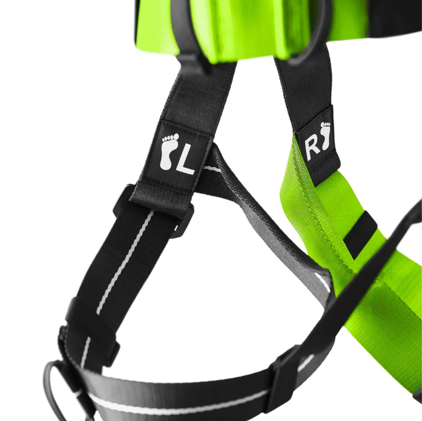 Close up of the Left and Right Leg Loops and Labels. Green loop for Right leg and Black Loop for left leg on the Edelrid Radialis Comp Full Body Harness