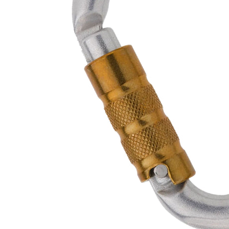 Close up of Edelrid Steel HMS Triple  Locking Carabiner in Silver