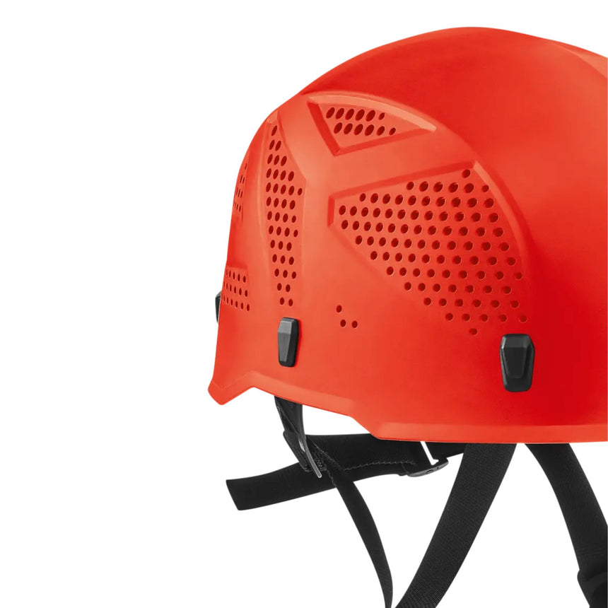 Side of Red Edelrid Ultralight Junior Helmet designed specifically for young climbers