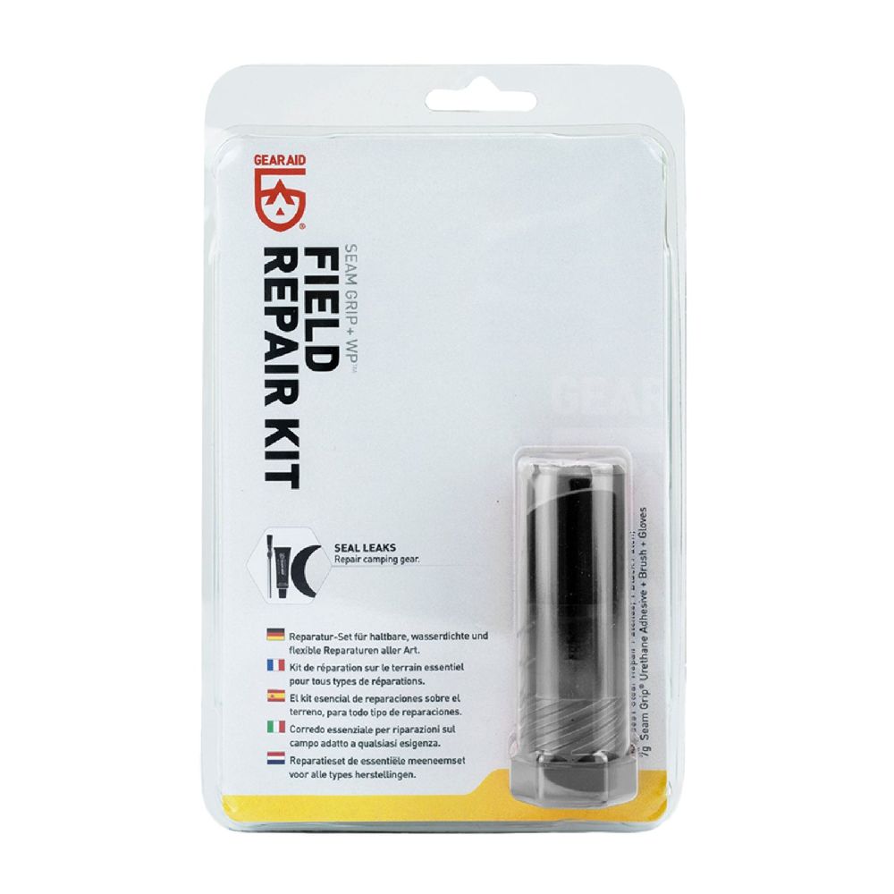 Gear Aid Seam Grip + WP Field Repair Kit in Euro Hook Clamshell Packaging. For repairing camping gear. Includes 7 g Seam Grep Urethane Adhesive and Brush and gloves