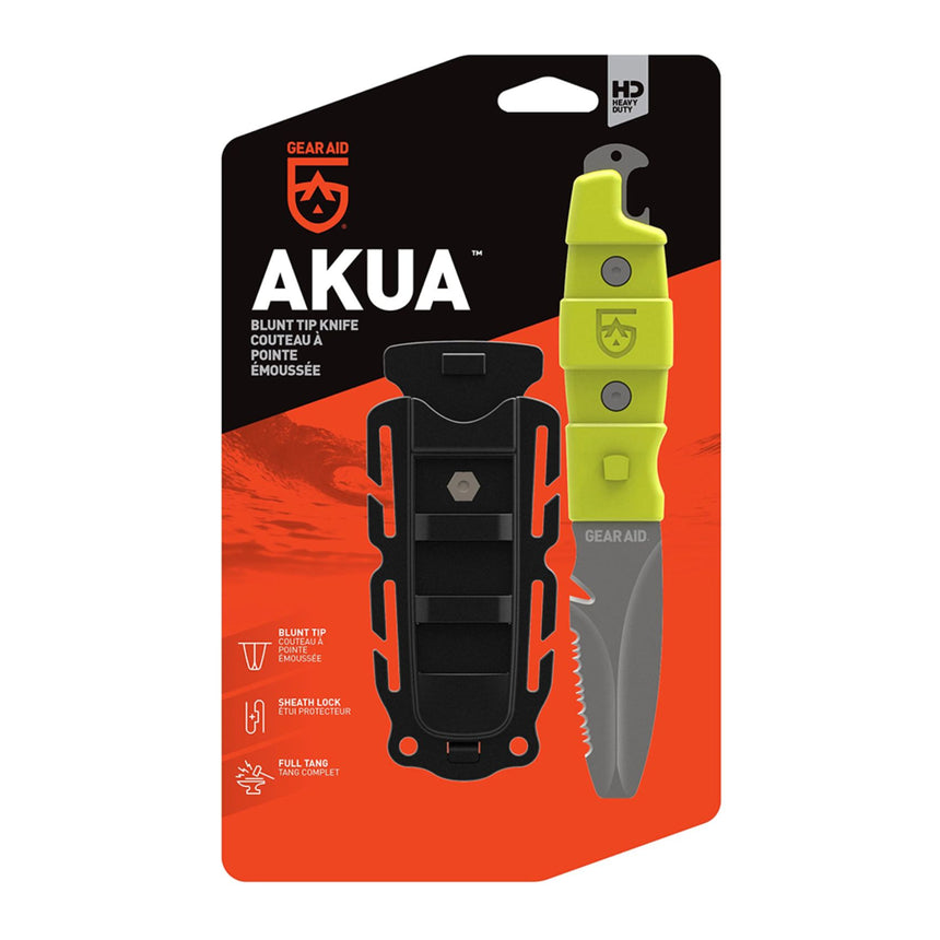 Gear Aid Akua Knife with green handle in retail packaging with euro hook