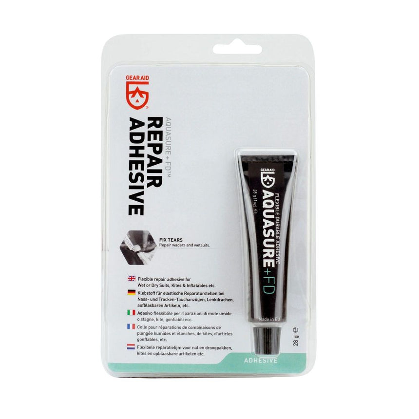 28g size Gear Aid Aquasure FD Repair Adhesive in Retail Packaing with euro hook