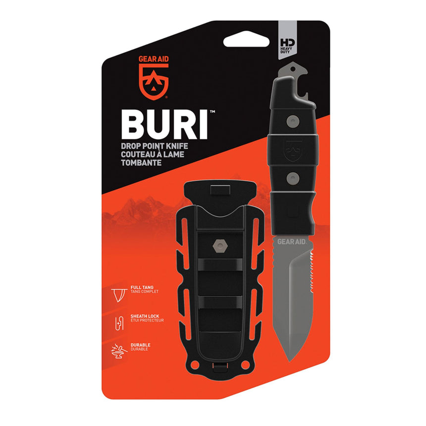 Gear Aid Buri Knife with Black Handle in Euro Hook Retail Packaging