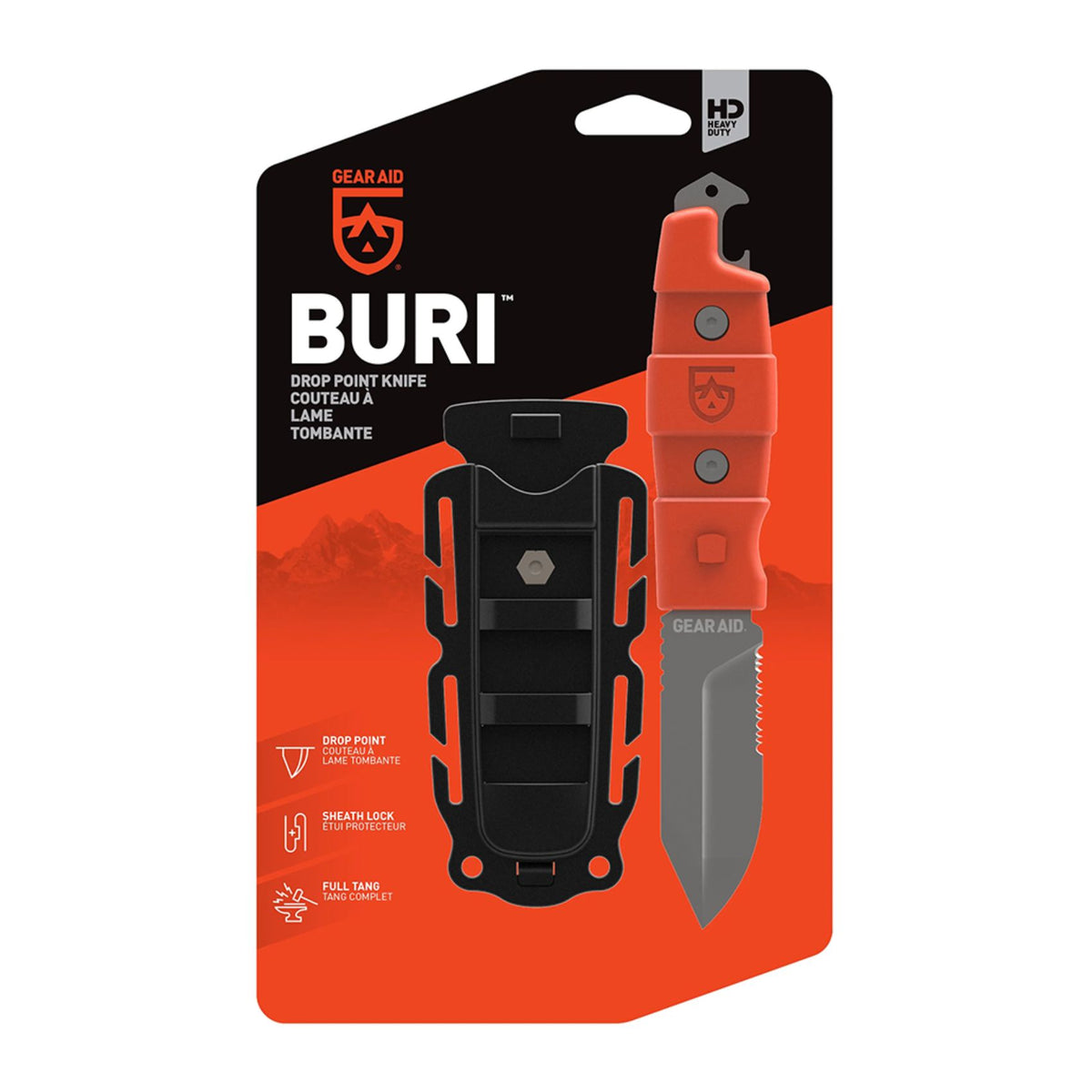 Gear Aid Buri Knife with Orange Handle in Euro Hook Retail Packaging