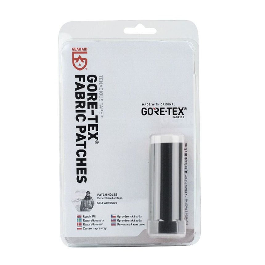 2 Black Gear Aid Tenacious Tape Gore Tex Fabric Patches in sizes (7.6 cm round and 10 x 5 cm rectangle patches) presented in Retail Euro Hook Packaging