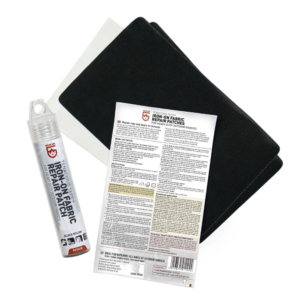 Gear Aid Tenacious Tape Iron on black nylon fabric Repair Patches for heavy duty outdoor fabrics out of retail packaging and showing instructions to repair waterproof rips and tears in minutes
