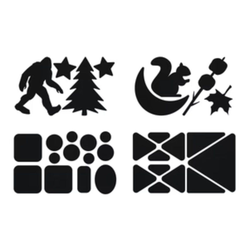 Gear Aid Tenacious Tape Gear Patches on a strip showing a selection of pre-cut shapes (squares, circles, triangles squirrel, moon, stars, Christmas tree, and leaves etc )of various sized nylon fabric repair patches to mend holes and personalise clothes and equipment