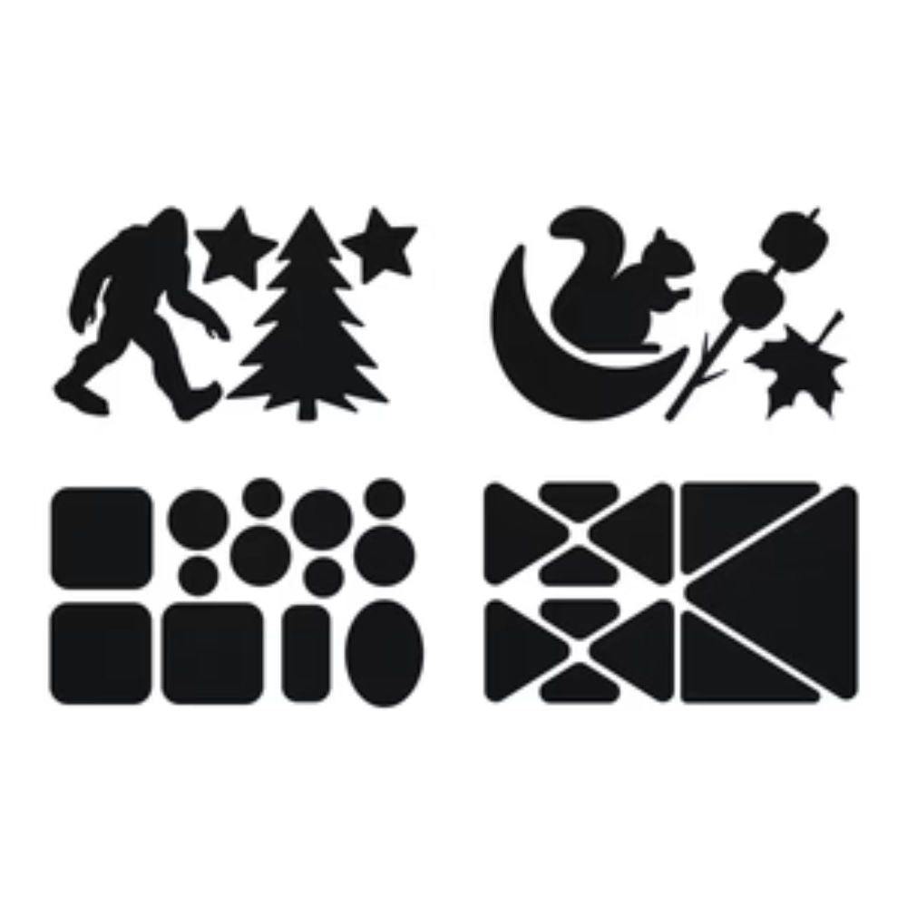 Gear Aid Tenacious Tape Gear Patches on a strip showing a selection of pre-cut shapes (squares, circles, triangles squirrel, moon, stars, Christmas tree, and leaves etc )of various sized nylon fabric repair patches to mend holes and personalise clothes and equipment