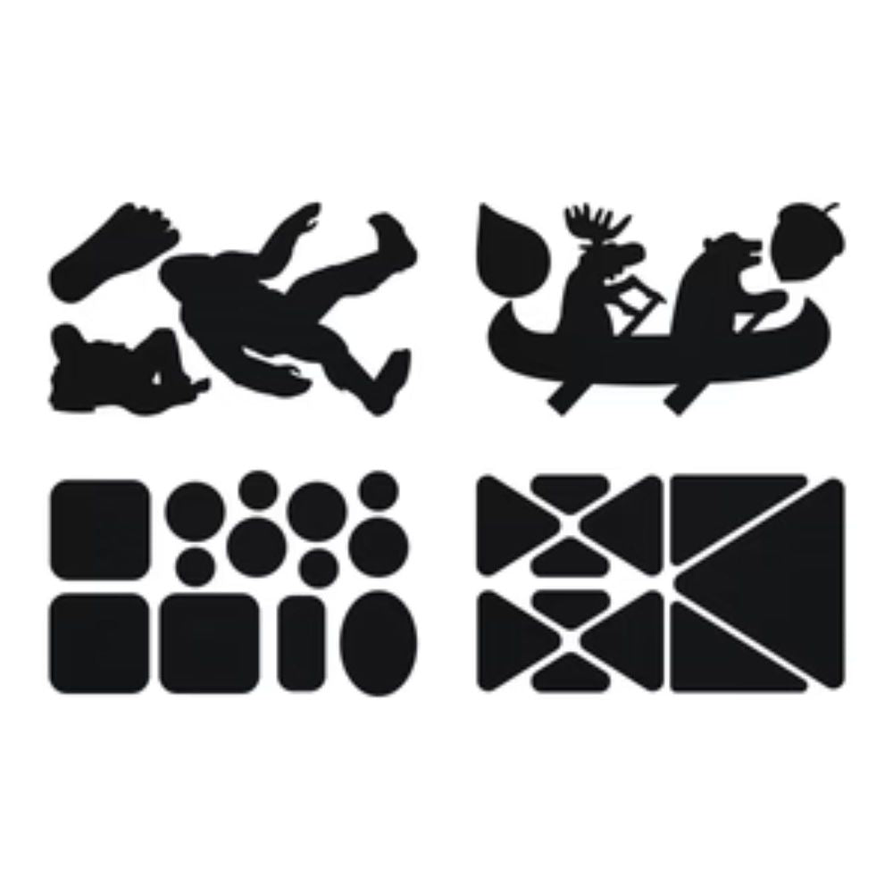 Gear Aid Tenacious Tape Gear Patches on a strip showing a selection of pre-cut shapes (squares, circles, triangles animals etc )of various sized nylon fabric repair patches to mend holes and personalise clothes and equipment