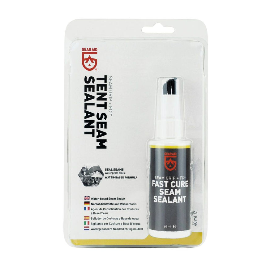 60ml Bottle of Gear Aid Seam Grip Fast Cure Tent Seam Sealant in Euro Hook Clamshell Packaging for Waterproof Tents