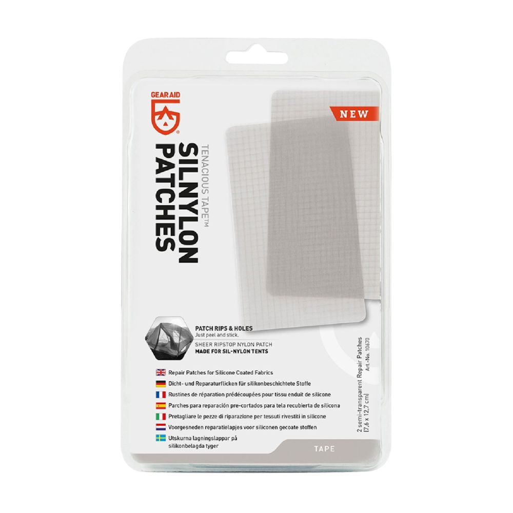 2 Semi Transparent Peel and Stick Gear Aid Tenacious Tape Sil Nylon Repair Patches (dimensions 7.6c x 12.7cm) in Euro Hook Packaging
