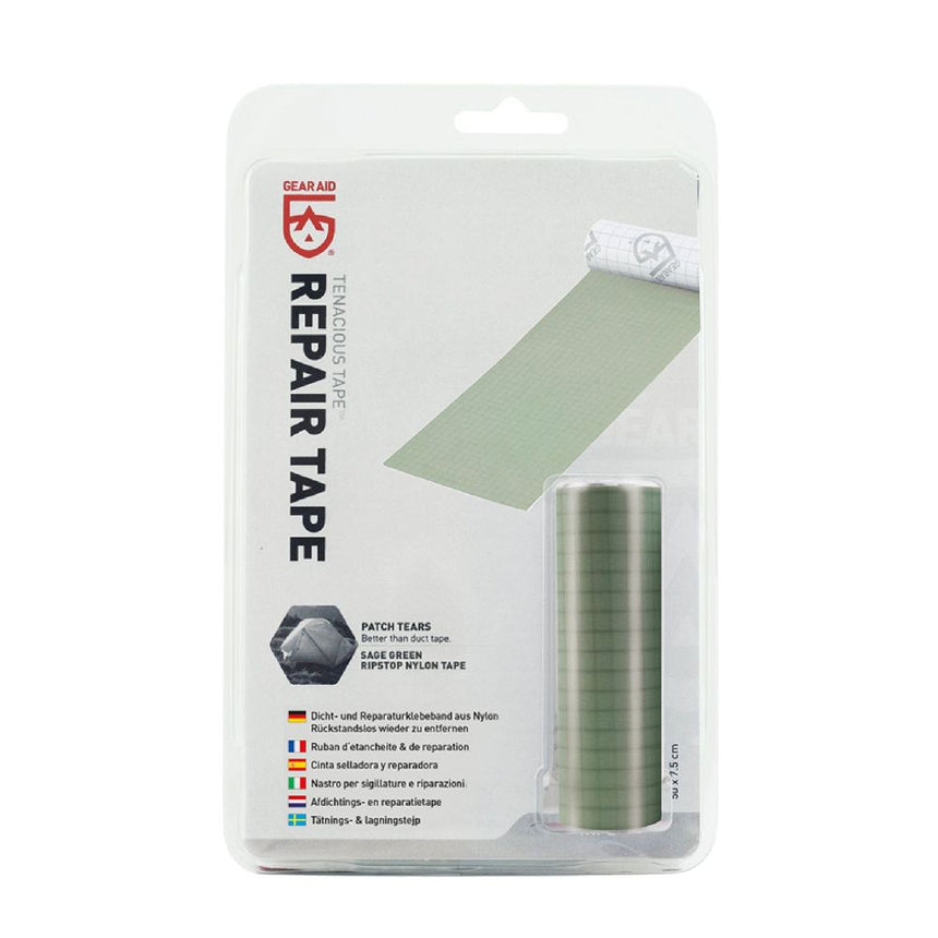Gear Aid Tenacious Tape Sage Green Rip Stop Nylon Tape in Clambshell Packaging with Euro Hook - 50 x 7.5cm