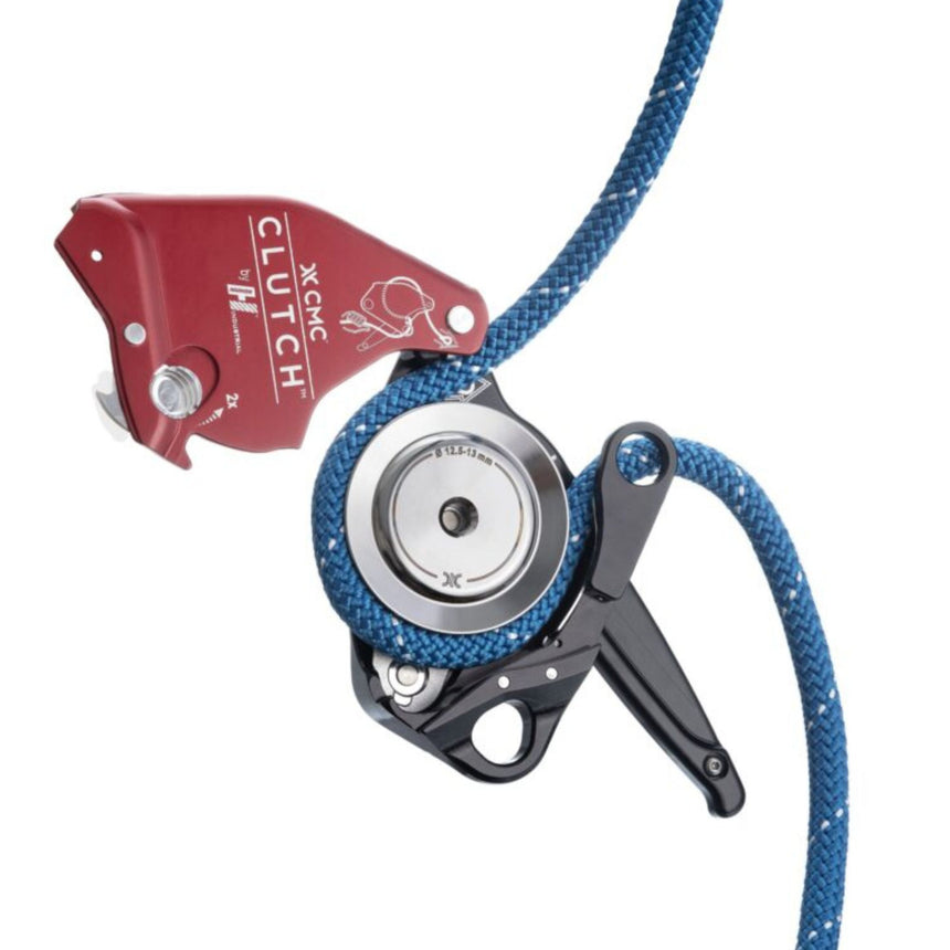 13mm Red Harken CMC Clutch Descender with a blue rope installed