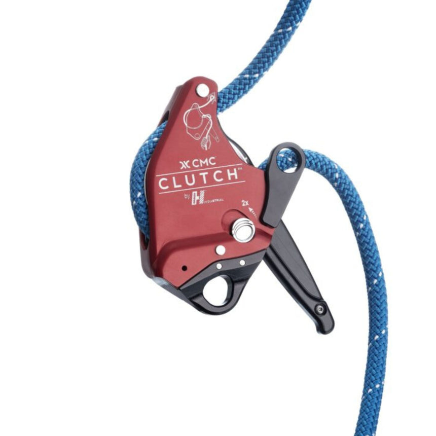 13mm Red Harken CMC Clutch Descender with a blue rope attached