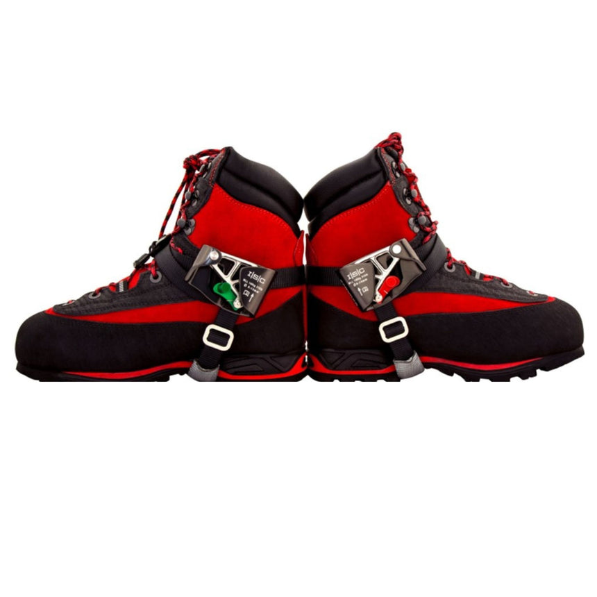 Pair of red and black climbing boots fitted with the ISC Stryder Right and Left Foot Ascenders, demonstrating secure attachment and functionality for rope climbing applications