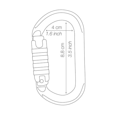Line drawing of Petzl OK Triact Lock Carabiner including inside dimensions  - width : 4cm - length:  8.8cm