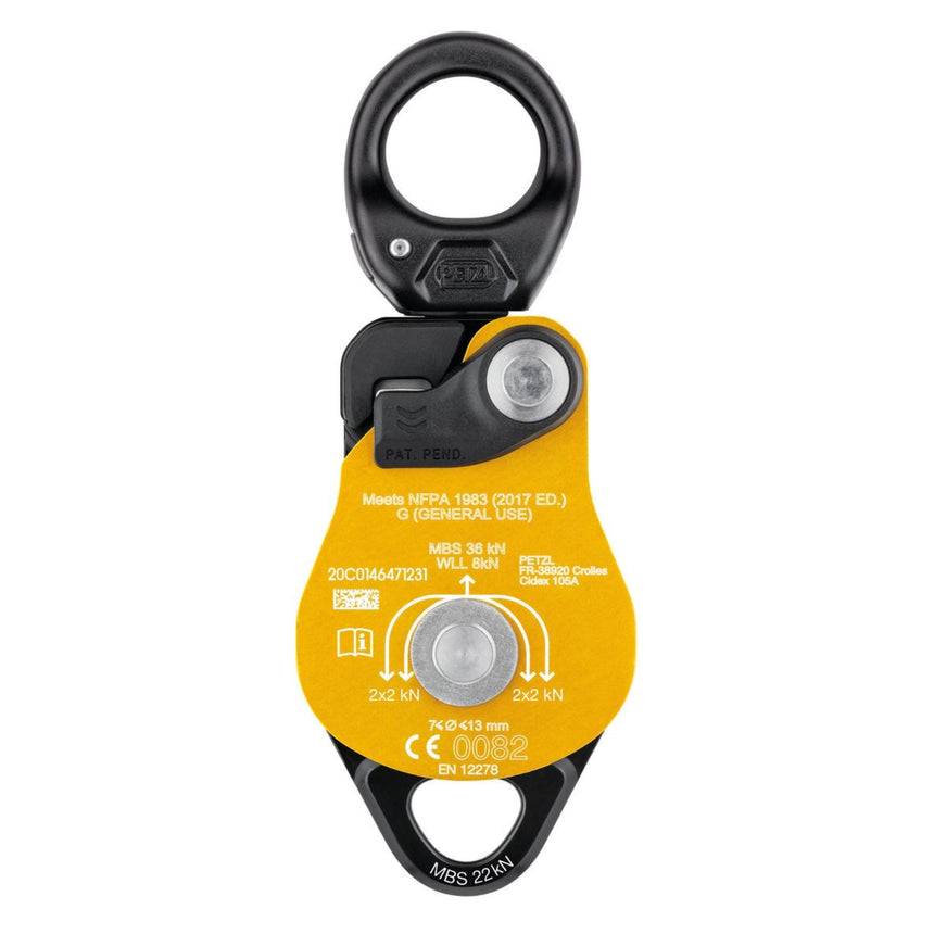 Back of Yellow Petzl Spin L2 Double Pulley
