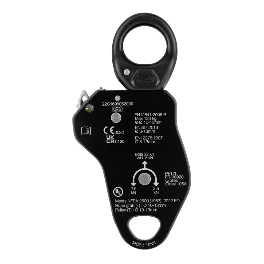 Back view with technical information about the Petzl Pro Traxion Pulley