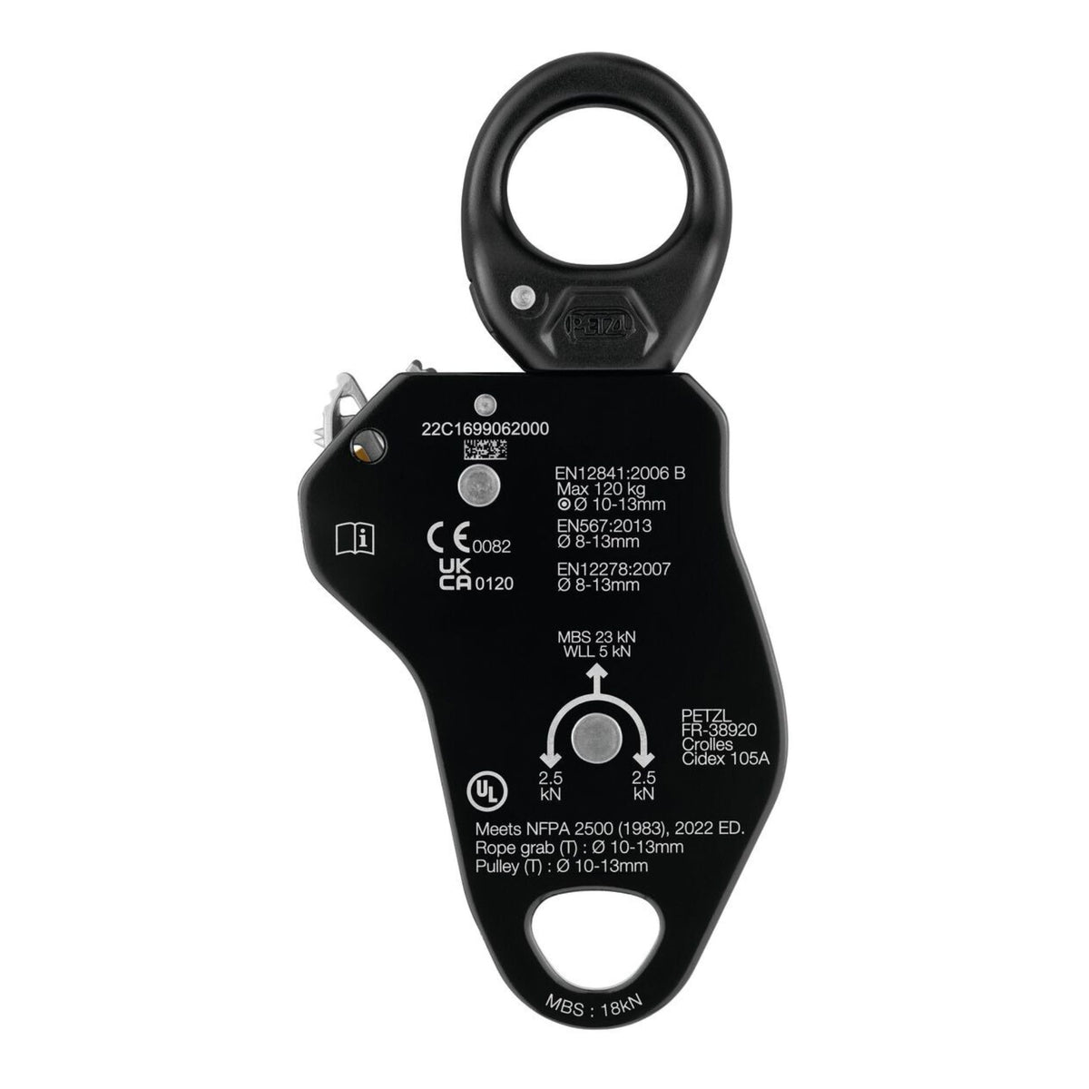 Back view with technical information about the Petzl Pro Traxion Pulley