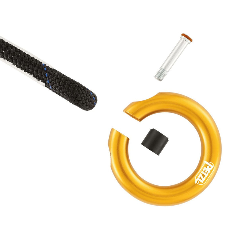 Petzl Ring showing open parts, wide opening allows installation of ropes with sewn terminations.