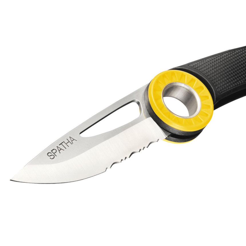 Close up of Petzl Spatha Knife blade and carabiner hole
