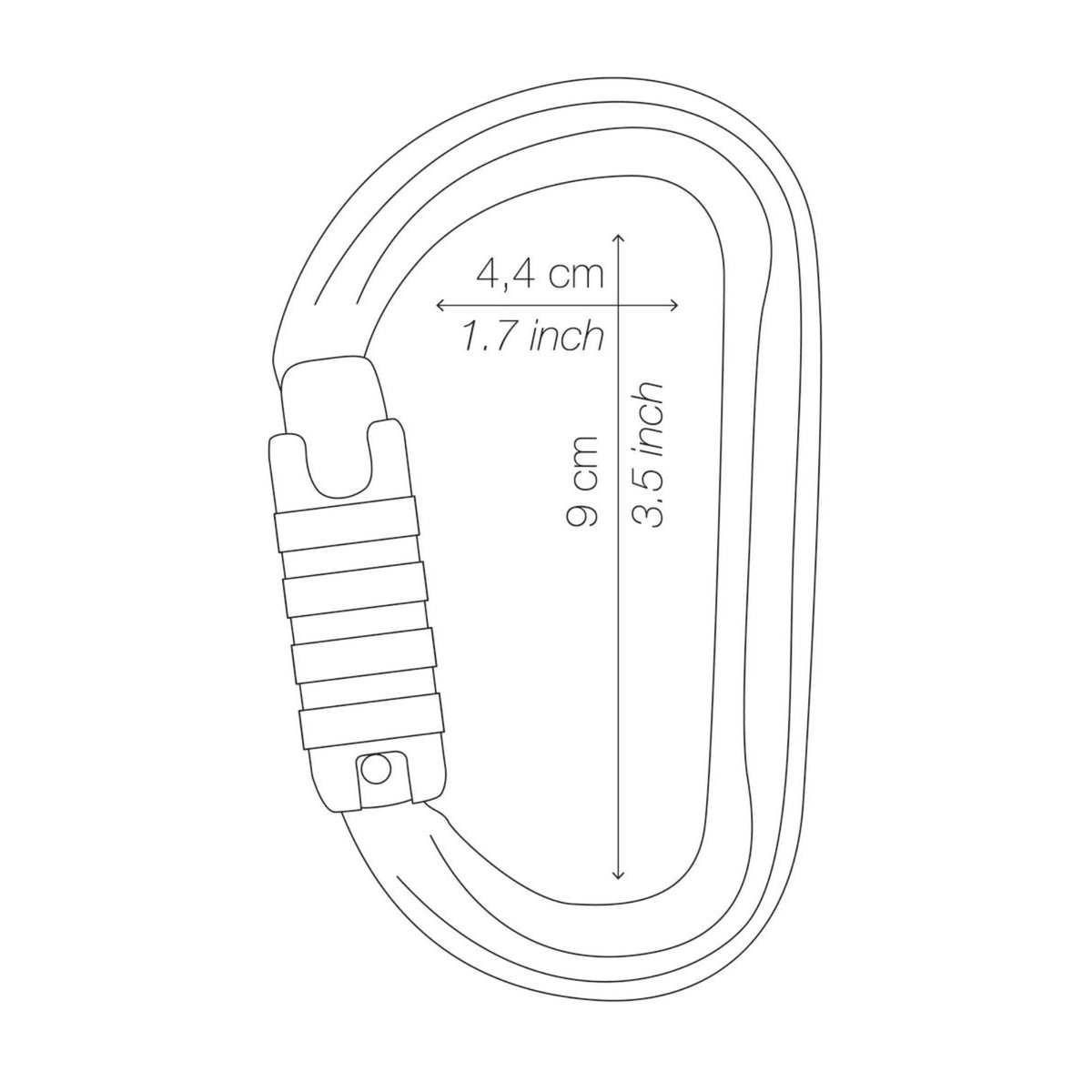 Petzl Am'D Lightweight Asymmetrical Carabiner line drawing showing dimensions length 9cm and width 4.4 cm